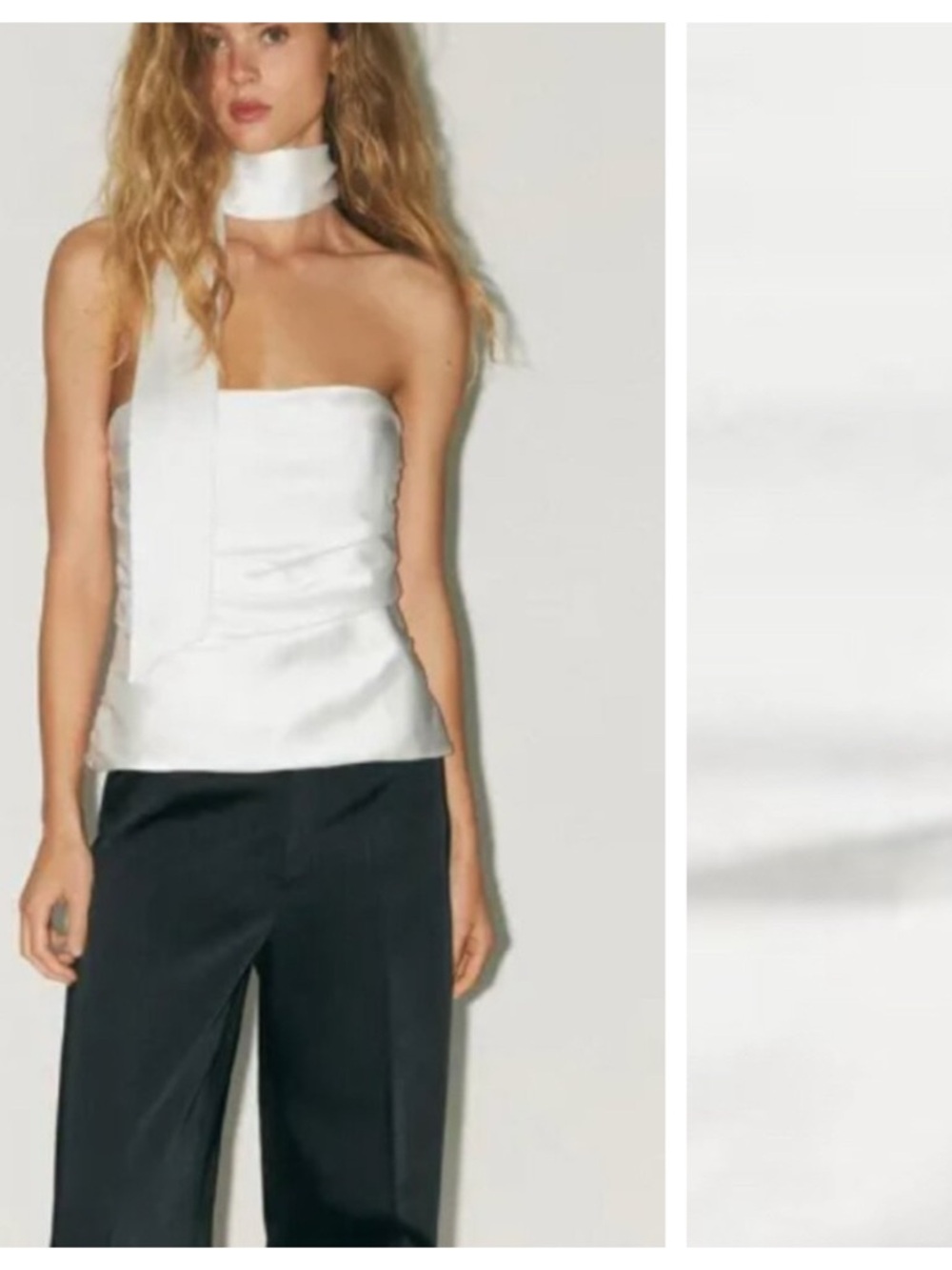 NWT. Zara Oyster-White Draped Satin Foulard/Off-the-Shoulder Top. Size XS.